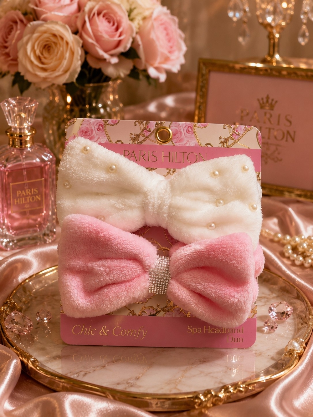 Paris Hilton Plush Spa Headband Set - White with Pearls & Light Pink